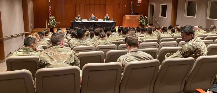 Eisenhower Series Panelists from the Army War College meeting with ROTC cadets at the Dodd Center on February 3, 2023